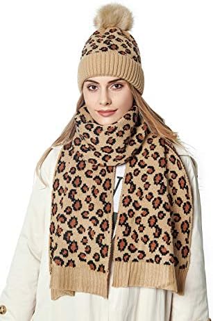 Ženska zimska pletena šal šal set Leopard Beanie šešir vrata toplija skijaška kapa