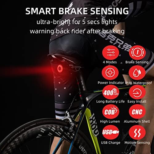 ROCKBROS zadnje svjetlo za bicikle pametno, zadnja svjetla za bicikle sa senzorom kočnice za noćnu vožnju, USB punjiva, Ultra svijetla LED zadnja svjetla, IPX6 vodootporna, dodatna oprema za biciklistička sigurnosna zadnja svjetla