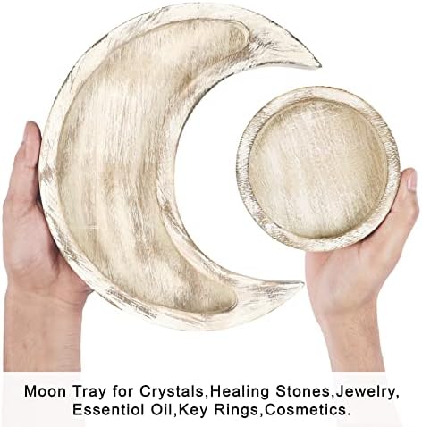 Mjesec Crystal Držač - rustikalna ladica za drvo sa okruglim ladicom, kristalno ladicama za kamenje, drveni mjesec oblik nakita za kamenje, polumjesec za kristal, esencijalni držač ulja