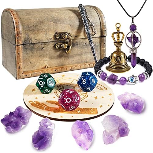 Kristali i ljekovito kamenje, ametist kristalni komplet u drvenoj kutiji - duhovni kristali Pokloni sa mesingom zvonom, astrološkim kockicama, žezlom, ametistom ogrlicom i narukvicom za meditaciju / reiki