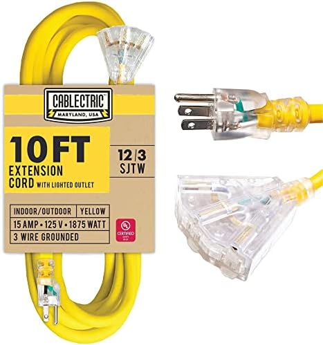 Kablovi za produženje kablova sa 3 FT sa 3 utičnice, 12 Produžni kabel sa više odlaznih otvora 3 prong, osvijetljeni utikač, 12/3 žuti vanjski produžni kabel SJTW Vremenska otporna na vremenske prilike