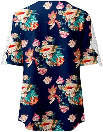 Weny proljetni vrhovi ženske 2022, ženska cvjetna tiskana čipka V izrez kratkih rukava majica casual labavi tunika bluza