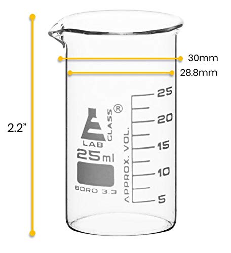 Čaša, 25ml-visoka forma sa izlivom-Bijela, 2.5 ml gradacije-Borosilikat 3.3 staklo-Eisco Labs