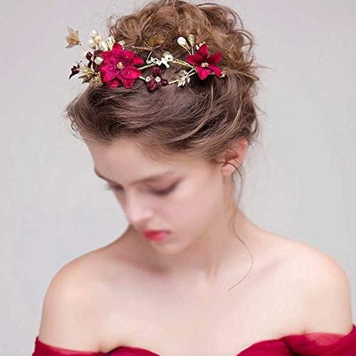 WPYYI Vintage trake za glavu od cvijeta crvene ruže za mladenku Barok leptir traka za kosu Tiaras žene vjenčana Zlatna kruna biserna pokrivala za glavu