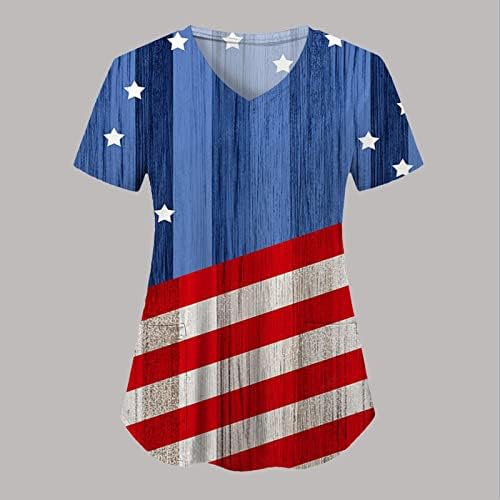 Bluza od 4. Jula za žene američka zastava ljetna majica s V-izrezom kratkih rukava s bluzama s 2 džepa praznična Ležerna radna odjeća