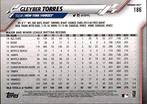 2020 TOPPS Dan otvaranja # 186 Gleyber Torres New York Yankees MLB bejzbol trgovačka kartica
