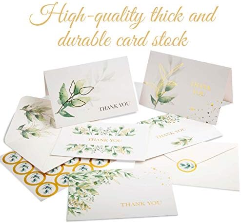 VNS Creations 100 Greenery & amp; Gold Foil Thank You Cards w / koverte & amp; Stickers, Bulk Boxed
