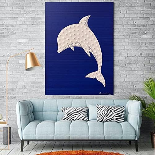 Ulje - zidna Umjetnost ruka slikana na platnu slike sretnih bijelih delfina moderne Obalne slike u plavoj i bijeloj boji apstraktna umjetnička djela životinja za dnevni boravak spavaća soba kupatilo zidni dekor spreman za vješanje za uredsko uređenje doma Art, 28, 6x23, 9