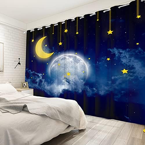UMPOO Twinkle Star Prozor zavjese Dreamy Night Bright Moon i Star Mormovi Plavi prozor Draps 2 Panel
