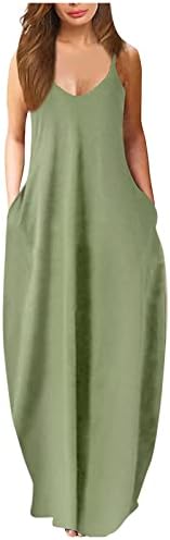 Jxqcwy ženska Ležerna jednobojna maksi haljina sa špageti remenom sa džepovima dužina poda Plus Veličina sarafani