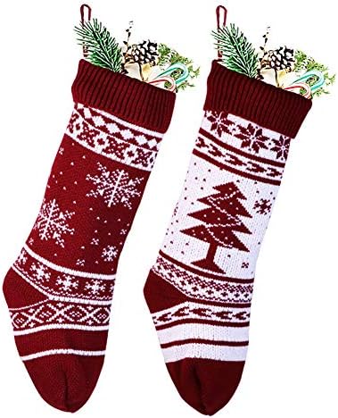 Pletene božićne čarape Veliki 18 inčni Xmas dvostrani pleteni kamin za božićno drvce Dekor Standardni viseći čarape crveno 2 pakovanje