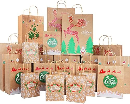 Božić poklon torbe, 24 kom različite veličine Classic kraft Božić papirne kese sa ručkama za poklone, odličan za Božić stranka korist, poklon torbe