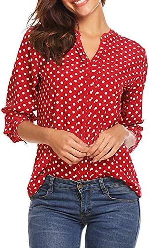 Andongnywell ženska casual dot roll dugih rukava s dugim rukavima cvjetni print V izrez za bluze
