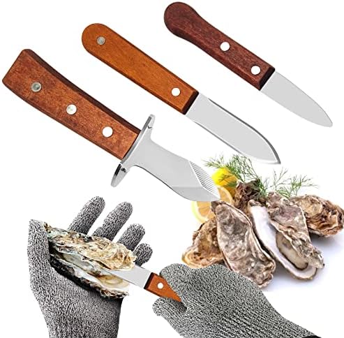 Nož ostrige, 3 od nehrđajućih čelika Shucker noževi s vrhunskom drškom za drva i 1 parovima 5 Zaštitne rukavice, nožem od morskih plodova
