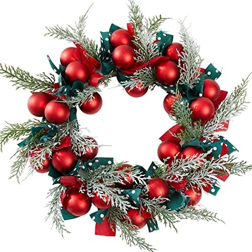 18 inčni božićni vijenac, umjetni crveni božićni lopti s vrpcom i borovim granama Božićne ukrase, vijenac u prednje strane unutarnji i vanjski odmor za vješanje dekora