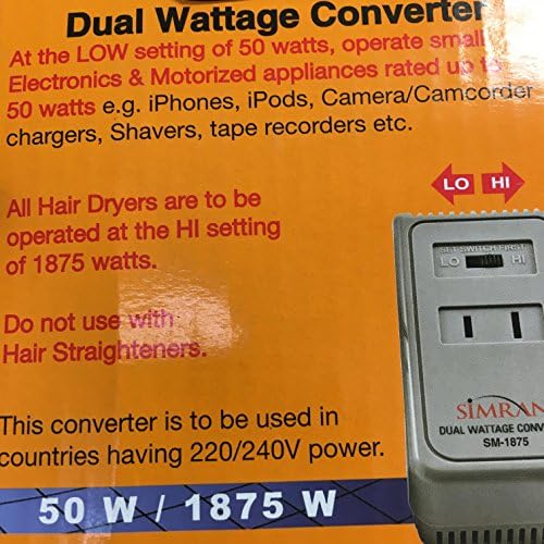 Simran 1875 Watts International Travel Voltage Converter za 110V USA proizvode u zemljama 220V / 240V. Idealno za sušila za kosu, telefon, iPod, punjače za kamere i brijače itd. Model SM-1875
