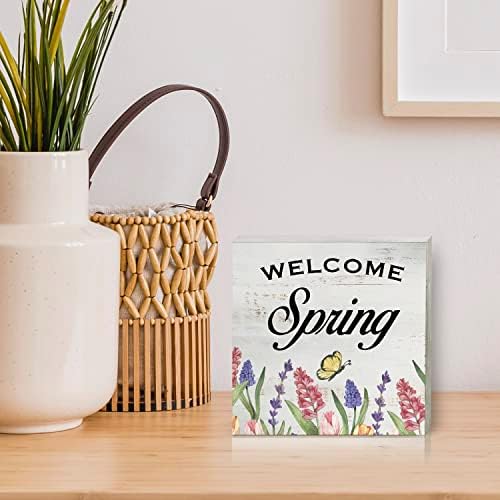 Dobrodošli Proljetno drvo Box potpisao kućni dekor rustikalni cvjetni proljetni drveni kutija za blok