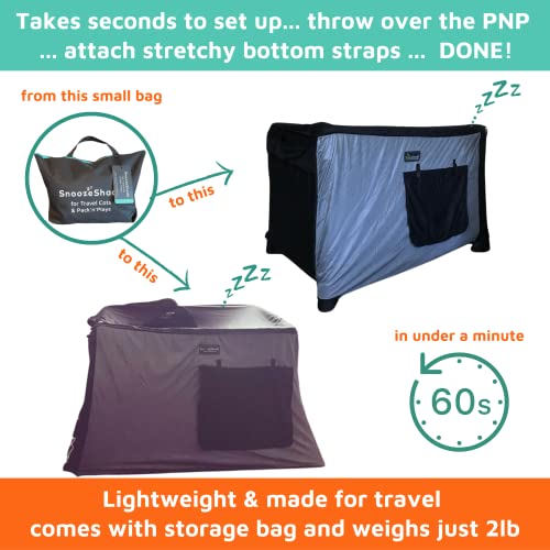 SnoozeShade paket i igrajte Blackout šator-krevetić nadstrešnica za malu djecu putni krevet, nagrađivani i sigurnost testirani Baby Travel od suštinskog značaja za blokiranje 94% svjetla, prozračna Navlaka za šator za pakovanje beba i igru