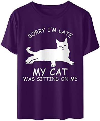 Purple Ladies T majice Kratki rukav Bluze T majice Crewneck Cat Pismo grafički opušteno fit kawaii životinjski ko majica 2023 l