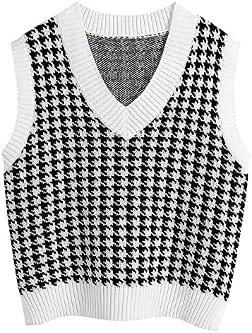 ZEFOTIM ženski Houndstooth uzorak pleteni džemper prsluk bez rukava labav V-izrez 90-ih pulover