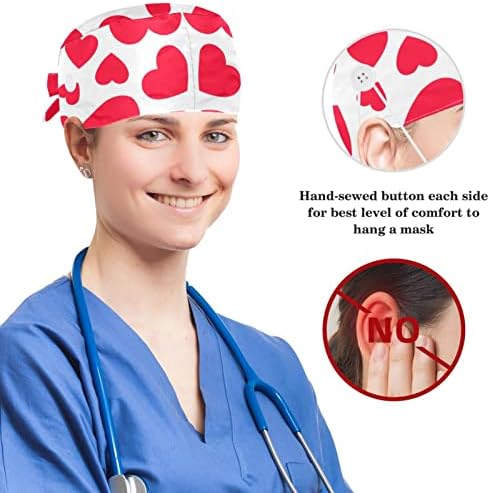 Podesive hirurške kape medicinska sestra, Radna kapa sa mašnom za kosu za žene, roze Hearts Bouffant Scrub šešir