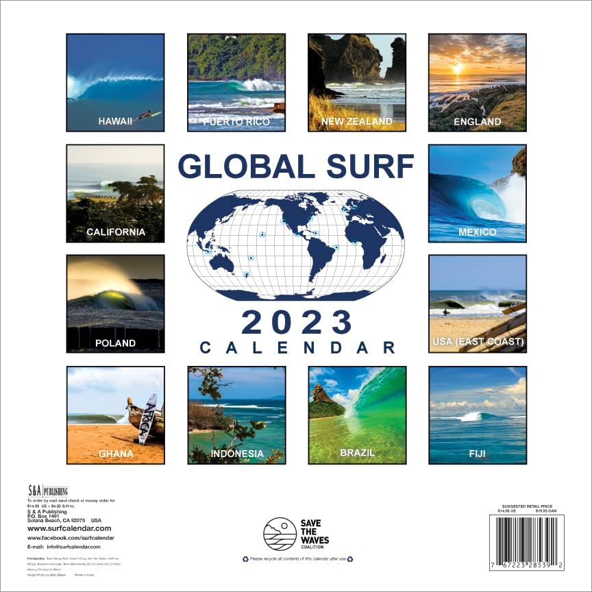 S & A Publishing Global Surf 2023 Kalendarski zid koristi uštedite valove, surfanje ploče