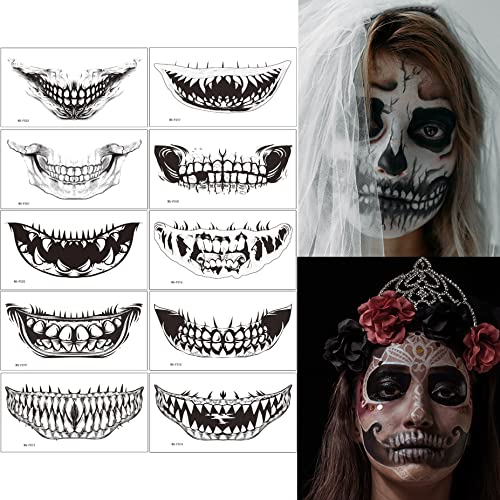 Halloween Face Privremene tetovaže, lažna tetovaža šminke za djecu, klaurne horor velike usta za tetovaže za žene, naljepnice zuba za Halloween Masquerade Cosplay party, vodootporan i realan