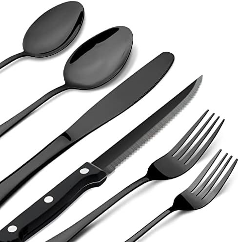 WCFCOOK crni set srebrnog posuđa sa noževima za odreske, Set posuđa od nerđajućeg čelika od 24 komada, Set posuđa za jelo servis za 4, kuhinjski pribor za hranu, ogledalo završeno, može se prati u mašini za sudove