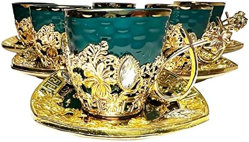 CHANDLER CUP CUPET izrađen od zelenog porculana i zlatnog akrilnog akcenta sa čistim draguljem za turski espresso arabica kafa 6 kvadratnih čaša i 6 kvadratnih tanjurica poklon kutija 3 fl oz