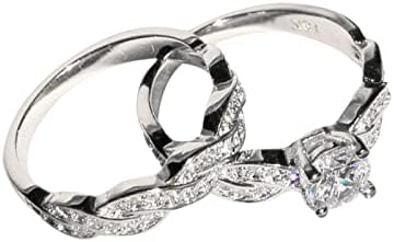 2023 NOVO Ženska srebrna cirkonija okrugli rez pasijans zaručnički prsten za prsten za vjenčanje simulirani dijamantni kameni mladenski nakit set dvostrukog srca Podesivi prsten
