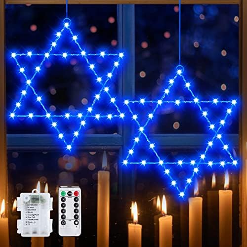 TURNMEON 2 Pack Hanukkah prozorska svjetla ukrasi zvijezda Davida svaki 38 LED plava svjetla 8 modovi tajmer daljinsko upravljanje na baterije Chanukah svjetlo za unutrašnju vanjsku Hanuku ukras početna zabava