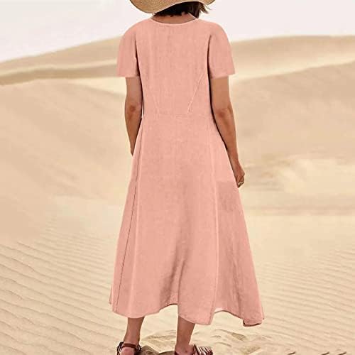 Ženske čvrste pamučne i lanene haljine moda u vrat Maxi duge haljine sa džepovima Letnja kratka rukava plaža haljina