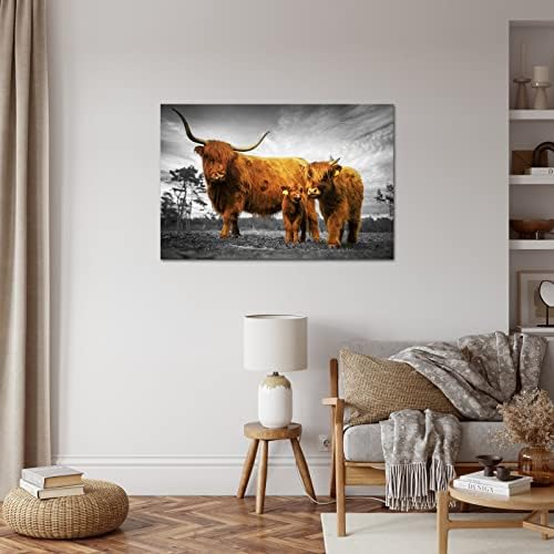 YeiLnm Highland Cow Canvas Wall Art slike životinja Print crno-bijelo smeđe slikarstvo životinja Highland goveda Photo Framered Home seoska kuća kuhinja dnevni boravak dekor