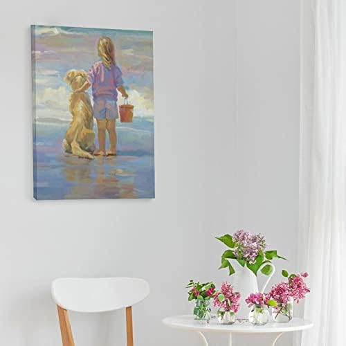 Posteri plava djevojka i njen Zlatni retriver na plaži ulje na platnu dječija soba zid Umjetnost platno