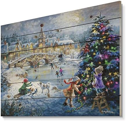Designq Božićno uređenje drven Djeca Tradicionalni drveni zidni dekor, Plava drvena Zidna umjetnost, Veliki romantični drveni zidni paneli ispisani na prirodnom borovom drvetu Art