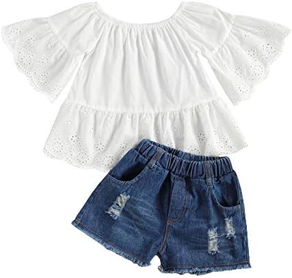 TODDLER Baby Girls Ljetna odjeća cvjetna ruffle top bluza + patch traper kratke djevojke 2pc set