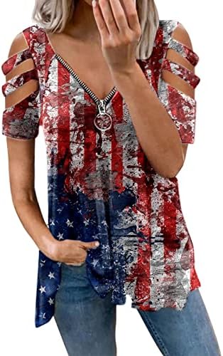4. jula majice za žene za žene ljetni kratki rukav V vrat tunike Tops USA Flag Stripes Tie-Dye