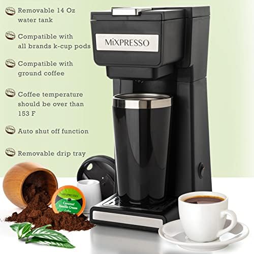 Mixpresso aparat za kavu Single poslužite za mljevenu kafu i kompatibilan sa k šalicom, s 14oz prijelaznim kriglom i filtrom za višekratnu upotrebu za dom, ured i kampiranje.