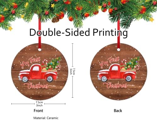 Moj prvi Božićni ukras 2021 crveni kamion sa božićnim drvetom Santa poklon uspomena najbolji zimski praznični dekor za prijatelja porodične bebe okrugli bijeli Keramika suvenir dvostrano štampan za vješanje drveća