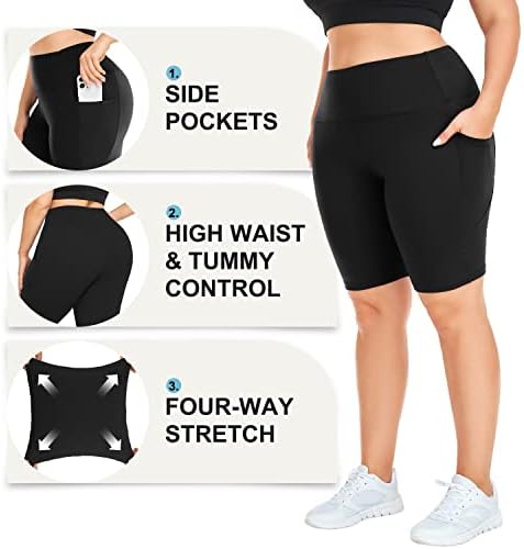 MOREFEEL plus size 8 bajkerski šorc sa džepovima za žene – crni šorc za jogu sa kontrolom stomaka visokog struka