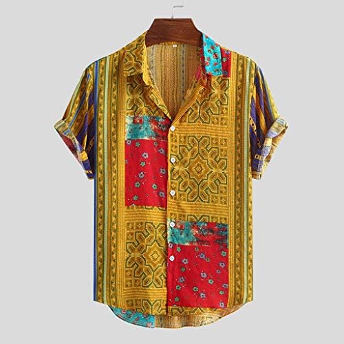 BEIBEIA muške pamučne platnene košulje kratki rukav ljetna cvjetna dugmad havajska košulja Vintage Boho Ležerne