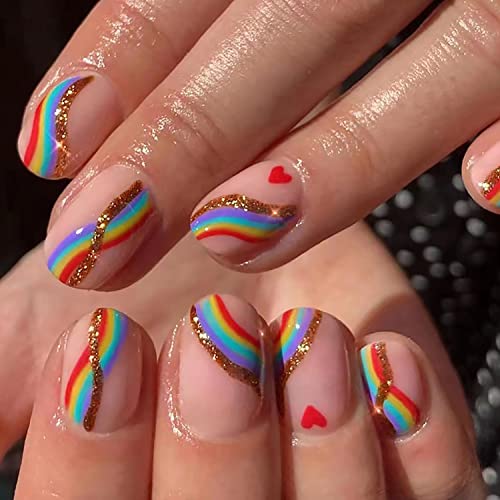 Rainbow Press na noktima kratki kvadratni lažni nokti Rainbow Swirl lažni nokti sa sjajnim dizajnom