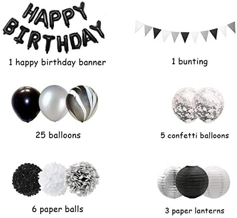 Crni i srebrni ukrasi za rođendan za odrasle balone za odrasle, ukras za papir i trokut zastavu