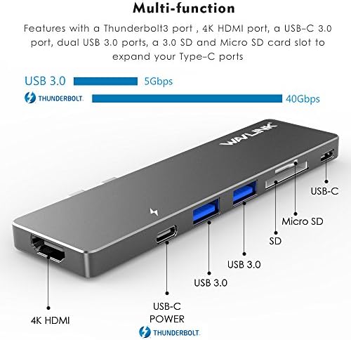 WAVLINK Aluminium USB-C HUB Adapter za MacBook Pro /2017/2018 13?15, USB Min Dock - 5K@60Hz, 40Gb/s, 4K HDMI, prolazno punjenje, čitač SD/Micro kartica, 2 USB 3.0, sa kućištem-siva
