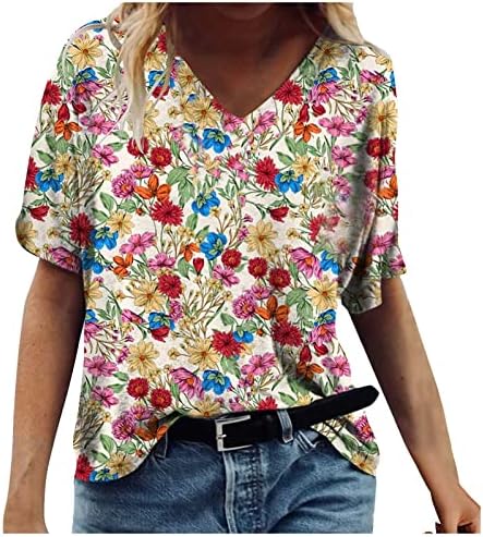 Djevojke ručak majica kratkih rukava Crew duboki V vrat Pamuk cvjetni grafički labavi fit cyberpunk top majica za žene