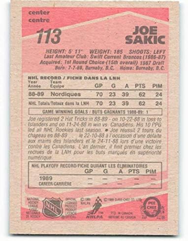 1989-90 O-pee-chee 113 Joe Sakic Quebec Nordiques NHL hokejaška kartica NM-MT