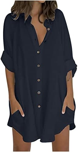 Ženska pamučna posteljina majica Dugme down 3/4 rukava kaftana V izrezdirana dugačka tunika mini haljina s džepovima