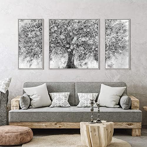 Apstraktno platno uokvireno zidna Umjetnost: Velika 3 komada crno siva cvjetajuća slika drveća moderni pejzaž grafike slika svjetlucave srebrne folije umjetničko djelo savremena siva šuma obojena za dnevni boravak