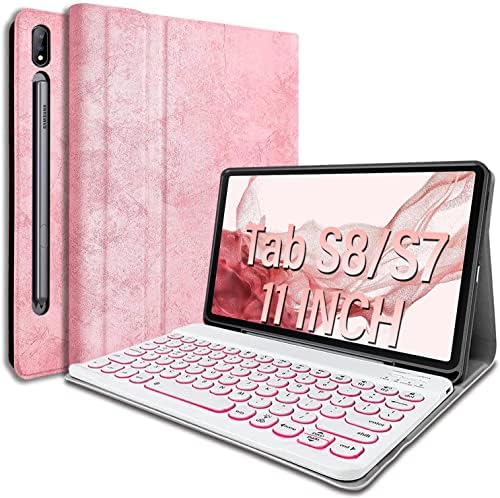 Futrola za tastaturu sa pozadinskim osvetljenjem za Samsung Galaxy Tab S8 2022/Tab S7 2020 11 inča,Wineecy 7 boja odvojiva bežična tastatura i Pu Folio poklopac držača olovke, Pink