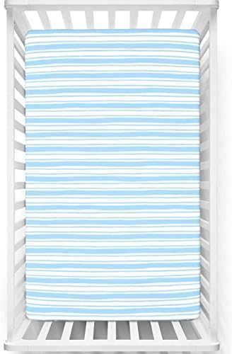 Harbour Stripe Tema sa montiranim mini krevetima, prenosivi mini listovi krevetića Mekani i rastezljivi pričvršćeni list krevetića za dječake, 24 x38, blijedo plavo bijelo